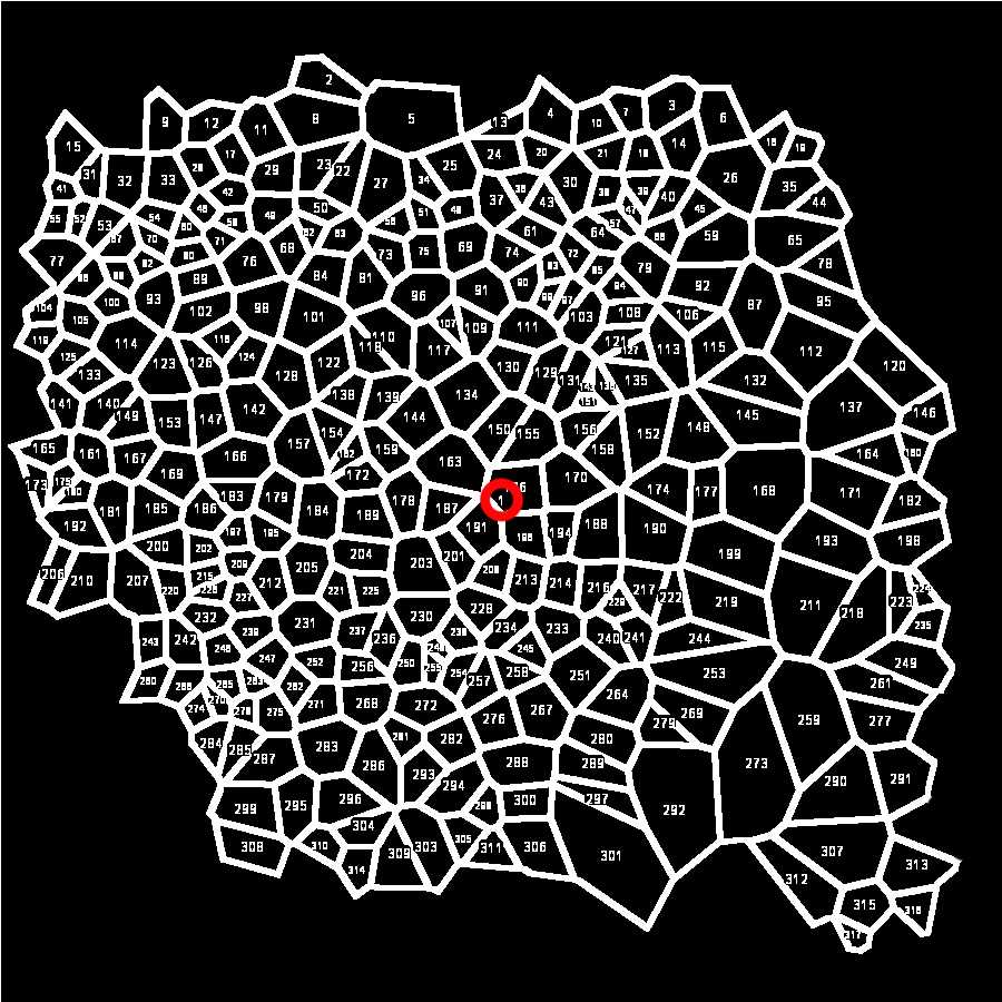 Image of the Voronoi polygons after performing the Analyze Particles command. Each polygon is assigned a progressive number. Note the number 1 at the center of the image (encircled in red). This corresponds to the first counted particle that the program considers being the ensemble of the marginal polygons (highlighted in red in the following image). Note that the red circle is added here for clarity but the program does not display it at all. Image of the Voronoi polygons after performing the Analyze Particles command. Each polygon is assigned a progressive number. Note the number 1 at the center of the image (encircled in red). This corresponds to the first counted particle that the program considers being the ensemble of the marginal polygons (highlighted in red in the following image). Note that the red circle is added here for clarity but the program does not display it at all.