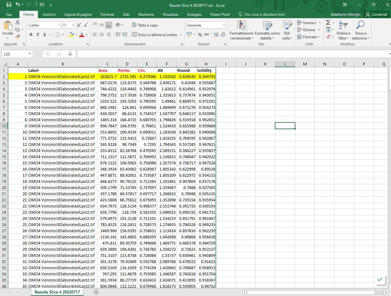 Screenshot of the .xls file generated by ImageJ (the file is created from the analysis of the image elaborated as described above and contains 318 lines, i.e. the information about the 317 particles (polygons) counted by the program. Screenshot of the .xls file generated by ImageJ (the file is created from the analysis of the image elaborated as described above and contains 318 lines, i.e. the information about the 317 particles (polygons) counted by the program.