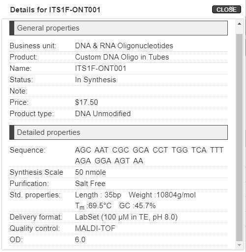 Specifications for one of the unique ONT-tagged forward primers from Eurofins being utilized in this protocol. Specifications for one of the unique ONT-tagged forward primers from Eurofins being utilized in this protocol.